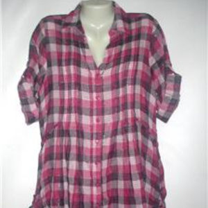 PINK PLAID BUTTON FRONT 3/4 SLEEVES TIE BACK SHIRT